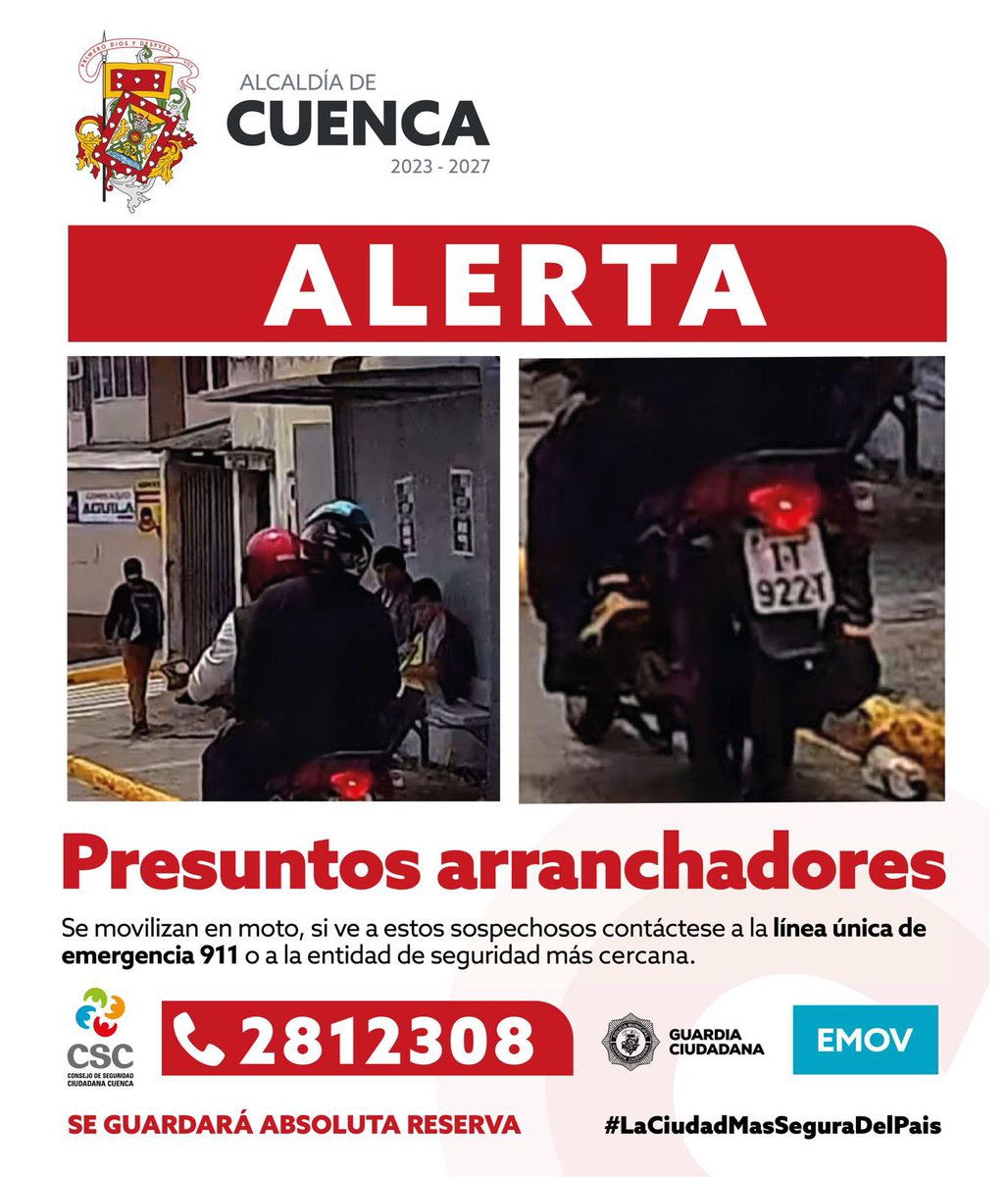 MunicipioCuenca's tweet photo. 🚨 #ALERTA || Aquí nos cuidamos todos contra la #inseguridad 

No vamos a permitir que la #delincuencia se tome nuestra ciudad. Si reconoces a uno de estos presuntos antisociales, denúncialos

Juntos hacemos de Cuenca #LaCiudadMásSeguraDelPaís🇪🇨 https://t.co/9pSA5l0aAc
