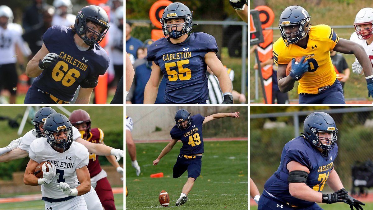 Six members of <a href="/CarletonFB/">Carleton Football</a> took home All-MIAC recognition, including three-time honorees Isaac Simons (LB) and Michael Carey (DL). Ntense Obono (TE), Henry Detmer (DB), Marcus Merkelbach (K/P) &amp; Chris Elliott (OL) were also honored.
Release: ow.ly/TYsY50Q9S5y
#d3fb
