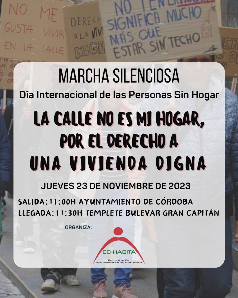 FProlibertas's tweet photo. #CórdobaESP
👉🏿 Participa en la II Marcha Silenciosa de la #RedCoHabita por el #DiaInternacionaldelasPersonasSinHogar
Súmate el jueves 23 a esta iniciativa de sensibilización y reivindicación del Derecho a la Vivienda Digna para todas las personas.
#red47 #quelacallenotecalle https://t.co/cp2Qwjj4pc