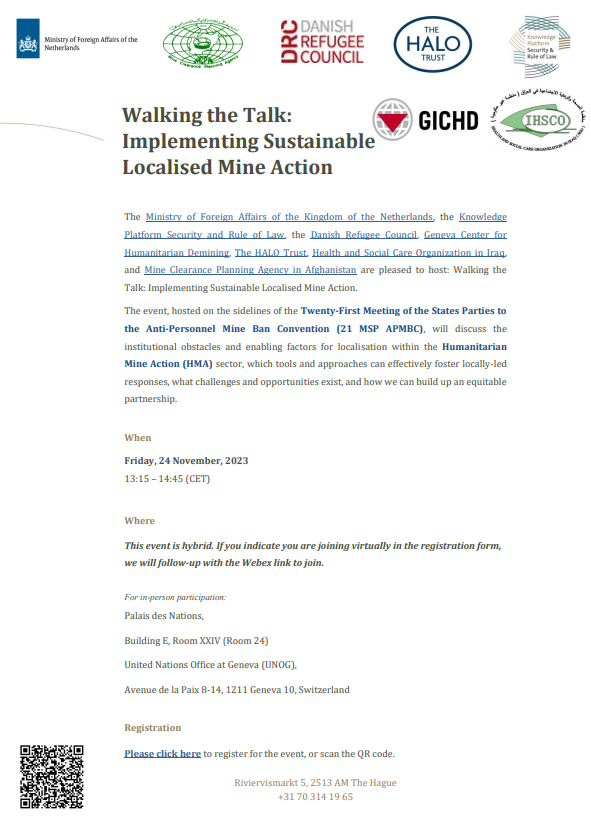 GICHD (@thegichd) on Twitter photo Localisation in the Humanitarian Mine Action sector: what are the barriers & enabling factors?
Register for our <a href="/MineBanTreaty/">Anti-Personnel Mine Ban Convention</a> discussion on challenges, opportunities, and tools + approaches which encourage locally-led responses and national ownership ✏️ link.gichd.org/Register Localisation in the Humanitarian Mine Action sector: what are the barriers & enabling factors?
Register for our <a href="/MineBanTreaty/">Anti-Personnel Mine Ban Convention</a> discussion on challenges, opportunities, and tools + approaches which encourage locally-led responses and national ownership ✏️ link.gichd.org/Register