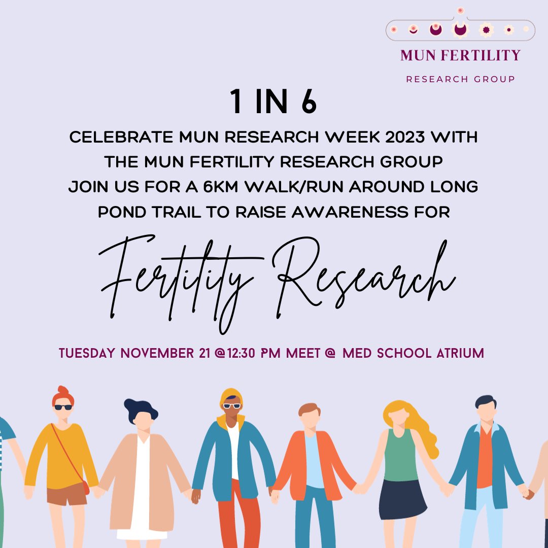 #munresearchweek2023 
If you are on campus today, join the MUN Fertility Research group for the 1-in-6 walk to raise awareness for fertility research!
<a href="/MUNMed/">Faculty of Medicine</a> <a href="/NL_SUPPORT_Unit/">NL SUPPORT</a> <a href="/MemorialHKR/">Memorial HKR</a>