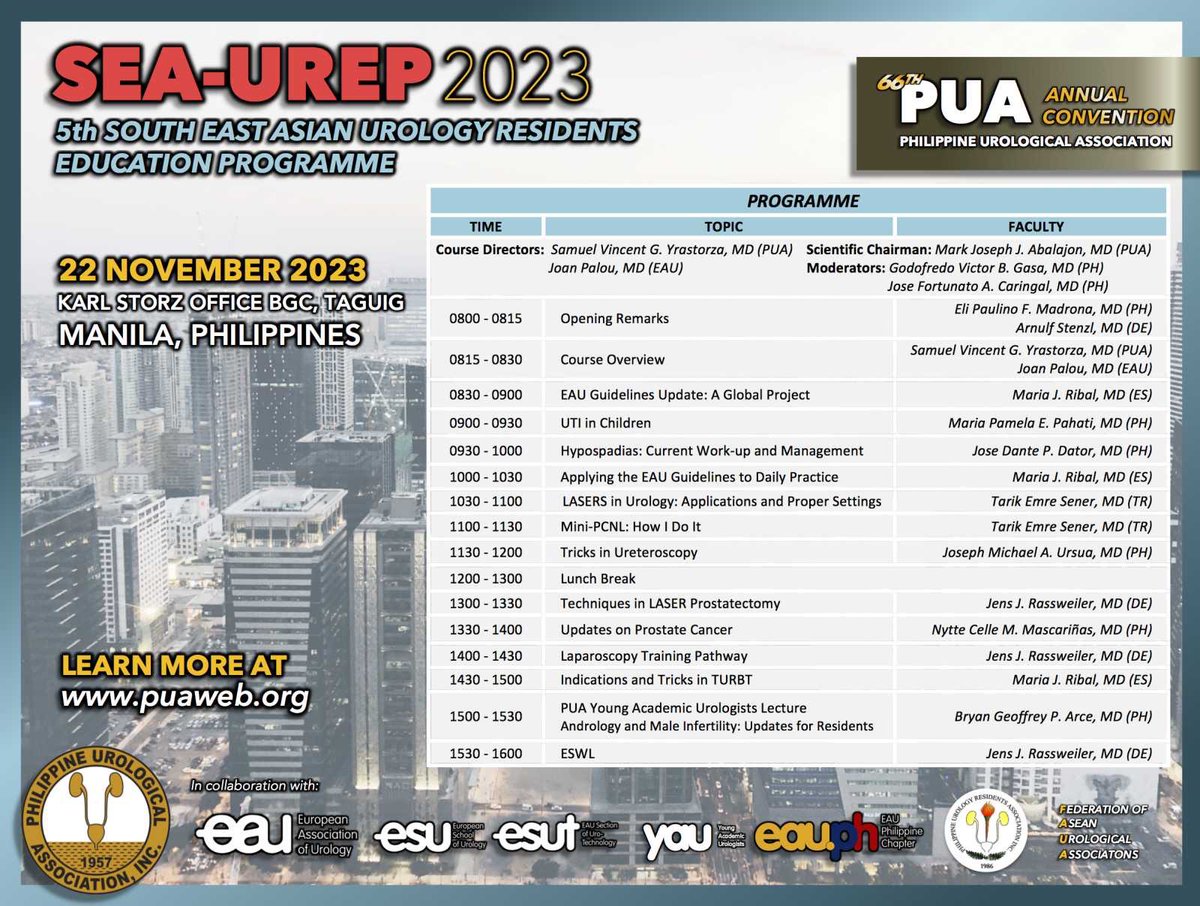South East Asia Urology Resident’s Education Program 2025 (SEA-UREP24)  with the sought after EAU Guidelines Chair <a href="/MariaJRibal/">Maria J. Ribal</a> , EAU Sections Chair Jens Rassweiler, EAU-YAU Tarik Emre Sener with Philippine Experts  <a href="/Uroweb/">European Association of Urology (EAU)</a> <a href="/UrowebESU/">European School of Urology (EAU ESU)</a> <a href="/EAU_YAUroTech/">EAU Young Academics Urologist. Uro-Tech group</a> @PUA23 @FAUA <a href="/joanfundi/">Joan Palou Redorta</a>