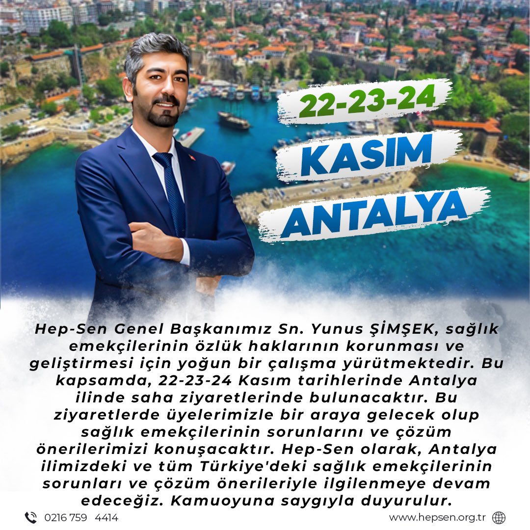hepsen_2020's tweet photo. Hep-Sen Genel Başkanımız Sn. Yunus ŞİMŞEK, sağlık emekçilerinin özlük haklarının korunması ve geliştirilmesi için yoğun bir çalışma yürütmektedir. Bu kapsamda, 22-23-24 Kasım tarihlerinde Antalya İli' nde saha ziyaretlerinde bulunacaktır. Bu ziyaretlerde üyelerimizle bir araya gelecek olup sağlık emekçilerinin sorunlarını ve çözüm önerilerimizi konuşacaktır. Hep-Sen olarak, Antalya İlimizdeki ve tüm Türkiye'deki sağlık emekçilerinin sorunları ve çözüm önerileriyle ilgilenmeye devam edeceğiz. Kamuoyuna saygıyla duyurulur.

Türkiye'nin En Genç ve Dinamik Yeni Nesil Sağlık Sendikası 
@hepsen_2020

🌐 https://t.co/RHS3ZzOULw
☎️ 0216 759 44 14
📱 https://t.co/XM2Ul1obbo

@hepsen_antalya 

#hepsen #nedenhepsen #hepseninleyiz #hepimizinsendikası