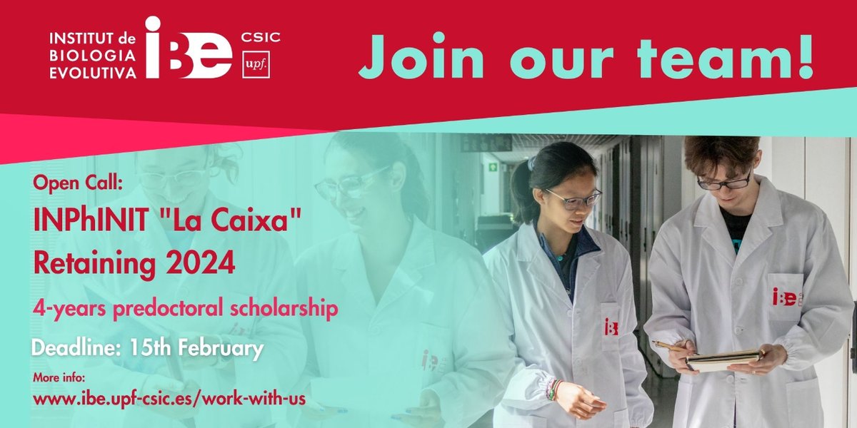 Institute of Evolutionary Biology (IBE) (@ibe_barcelona) on Twitter photo #Evolution is your passion?🧬🦠🐆
📢 Check out the open call for <a href="/FundlaCaixa/">Fundación ”la Caixa”</a> #INPhINIT Retaining 2024 and #joinourteam at the <a href="/IBE_Barcelona/">Institute of Evolutionary Biology (IBE)</a>!
🗓️ Open until 15th February
➡️ibe.upf-csic.es/work-with-us/o… #Evolution is your passion?🧬🦠🐆
📢 Check out the open call for <a href="/FundlaCaixa/">Fundación ”la Caixa”</a> #INPhINIT Retaining 2024 and #joinourteam at the <a href="/IBE_Barcelona/">Institute of Evolutionary Biology (IBE)</a>!
🗓️ Open until 15th February
➡️ibe.upf-csic.es/work-with-us/o…
