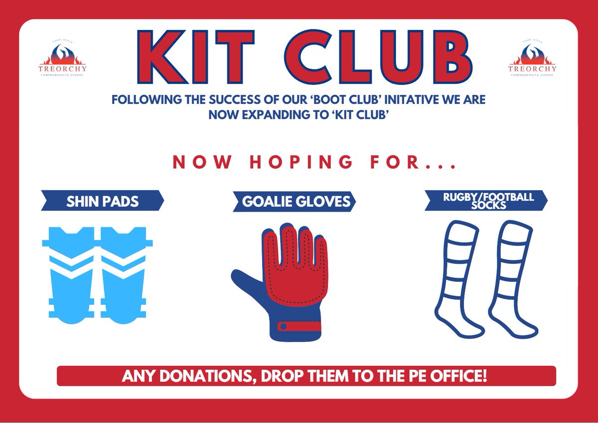 TCSPhysicalEd's tweet photo. 🚨KIT CLUB🚨
Our boot club has been a great success and has allowed many more students the chance to participate in a range of sports. We are now opening this up to form KIT CLUB, with a particular hope for shin pads, goalie gloves and rugby/football socks!
#SharingisSupporting https://t.co/TP9DKYYIf1