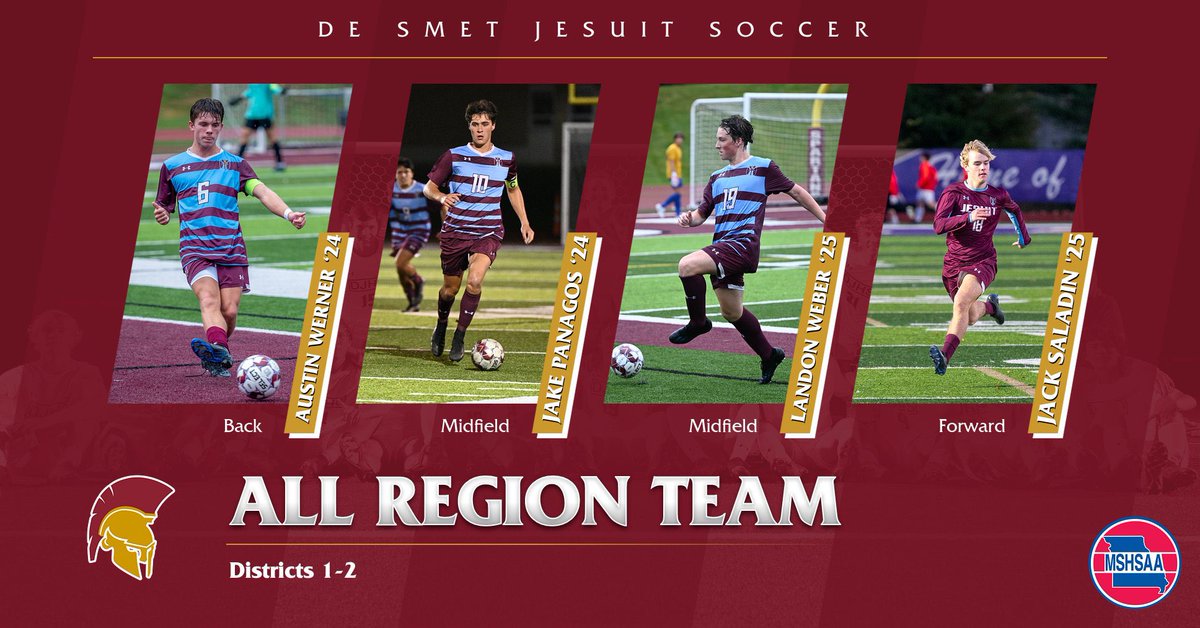 DeSmetSoccer's tweet photo. Congratulations to these four young men! They are this years’ members of the 2023 All-Region Team (Districts 1-2) #allin https://t.co/2tKvUc2ChI