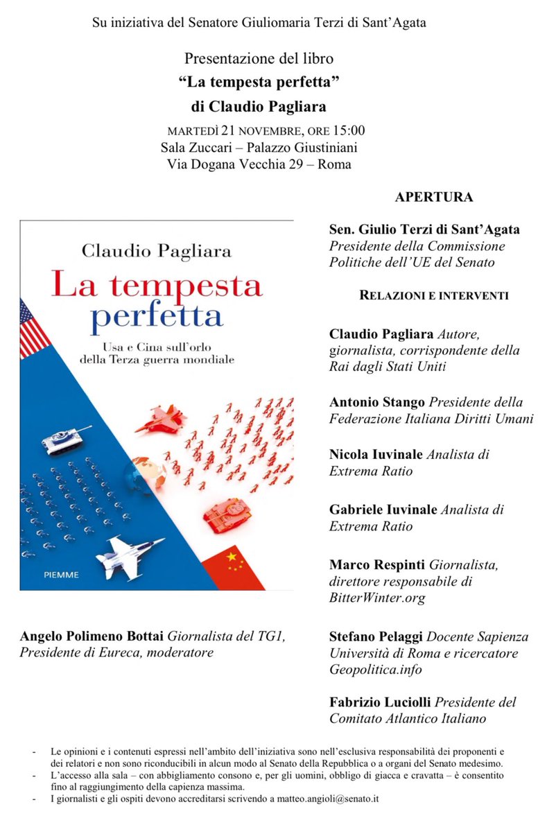 GlobalCRL's tweet photo. Il Presidente del #GCRL Sen. @GiulioTerzi apre la presentazione in Senato del libro di @ClaudioPagliara “La tempesta perfetta” sulla contrapposizione 🇺🇸🇨🇳

Diretta video sulla WebTV5 del Senato
📺 https://t.co/CGNbQZlFXr https://t.co/P1spEahIld
