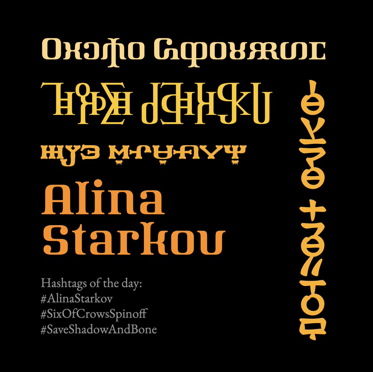 Hashtags of the day:
#AlinaStarkov
#SaveShadowAndBone 
#SixOfCrowsSpinoff 
@netflix