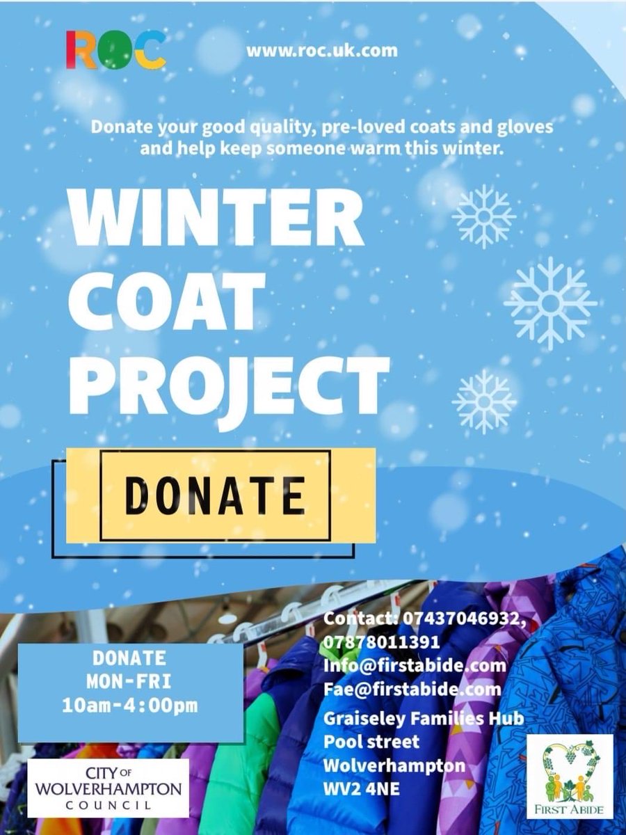 weareROC's tweet photo. We are delighted to be running our winter coat project in #wolverhampton for a second year. Thanks to @WtonVCA @WtonVolunteers @WolvesCouncil @WolvesWinter for your support #rocwolves please donate your pre loved coats to the Graiseley families hub https://t.co/uTRIIYSPlM