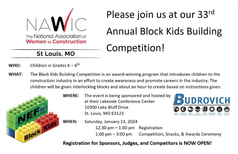 Spread the word! Registration is now open for Sponsors, Judges, and Competitors in grades K-6. Link here for more information and forms:  nawicstl.org/block-kids.html

#2024blockkids #womeninconstruction #nawic #leadingbuildersbuildingleaders