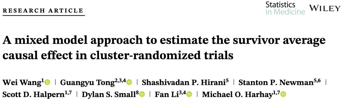 Michael Harhay (@michael_harhay) on Twitter photo I am excited to share a big deliverable from our <a href="/PCORI/">The Patient-Centered Outcomes Research Institute</a> project, which is online early today.
'A mixed model approach to estimate the survivor average causal effect in cluster-randomized trials'
OA: onlinelibrary.wiley.com/doi/10.1002/si…
<a href="/FanLi90/">Fan Li</a> <a href="/TonyGuangyuTONG/">Tony Guangyu TONG</a> I am excited to share a big deliverable from our <a href="/PCORI/">The Patient-Centered Outcomes Research Institute</a> project, which is online early today.
'A mixed model approach to estimate the survivor average causal effect in cluster-randomized trials'
OA: onlinelibrary.wiley.com/doi/10.1002/si…
<a href="/FanLi90/">Fan Li</a> <a href="/TonyGuangyuTONG/">Tony Guangyu TONG</a>