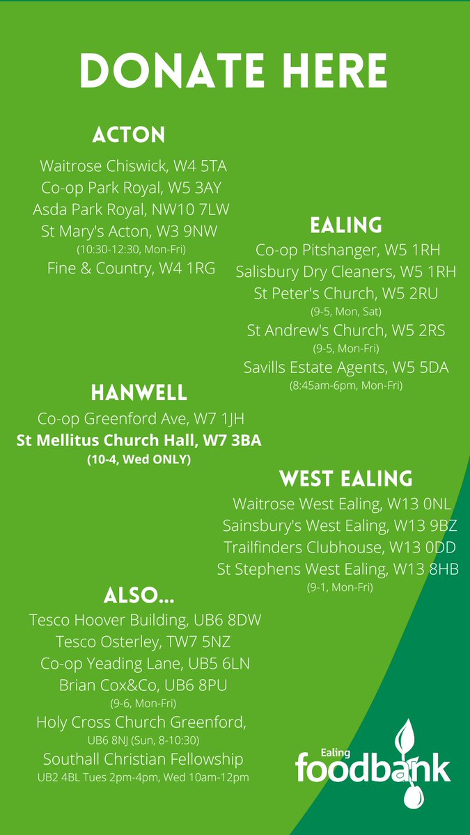 Wondering where to drop off your donations to Ealing Foodbank? We have lots of donation points all around the borough (and beyond!) Here's the updated list.