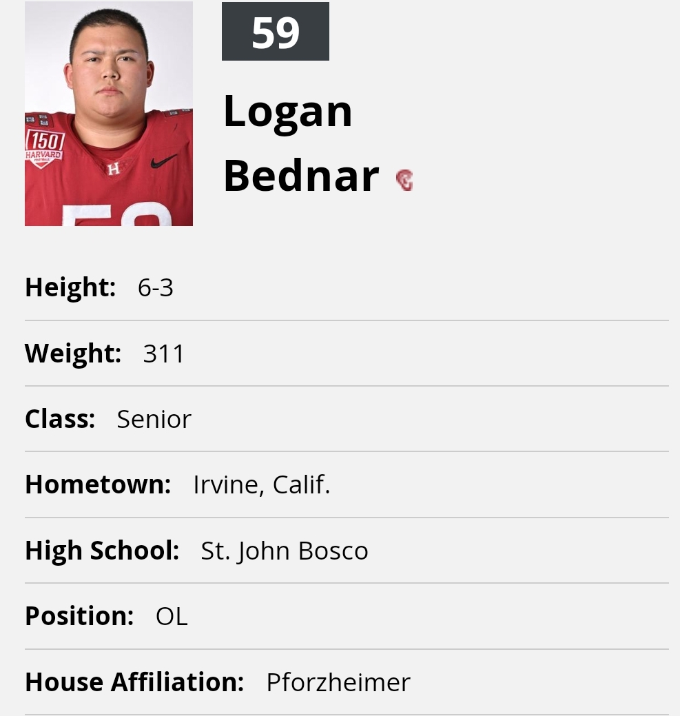 Harvard OL Logan Bednar entered the portal as a grad transfer; he played in 15 games the last two seasons including all 10 in 2023 @logan_bednar