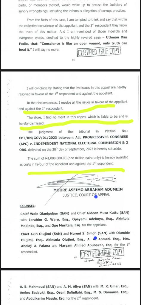 ChidiOdinkalu's tweet photo. When we say the judiciary in #Nigeria is crooked, ppl wonder how so. Look: the Court of Appeal in Kano governorship case resolved all the issues "in favour of the appellant &amp; against the 1st Respondent." Yet it found the appeal lacking in merit &amp; liable to be dismissed. Explain! https://t.co/0y3QUI9dHi