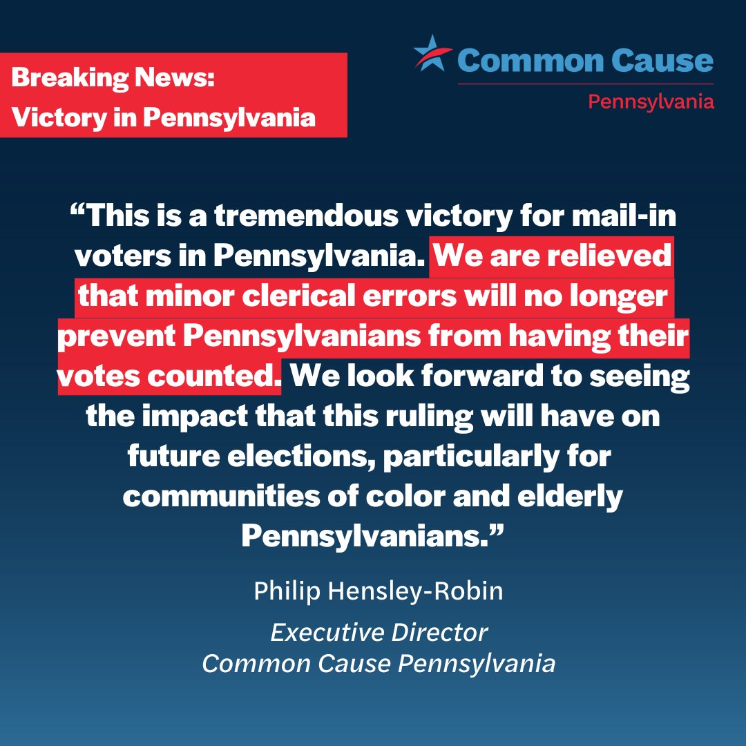 Breaking News: Huge win today for Pennsylvania voters! Today a federal court ruled that even if you mistakenly forget to handwrite a date on your ballot return envelope or write the wrong date, your vote must be counted @pastatenaacp @aclupa @LWVPA @MakeTheRoadPA @powerinterfaith