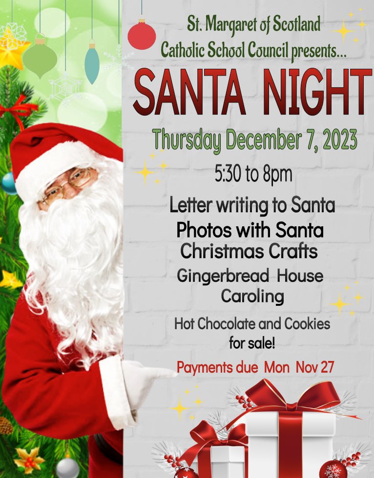 StMargaretDP's tweet photo. Hi Braveheart Families! You are invited to join us for Santa Night on Thursday December 7! 

Payments are due Monday November 27. 

See you there! 🎅🏼🎄🎁 https://t.co/pbomeK7be4