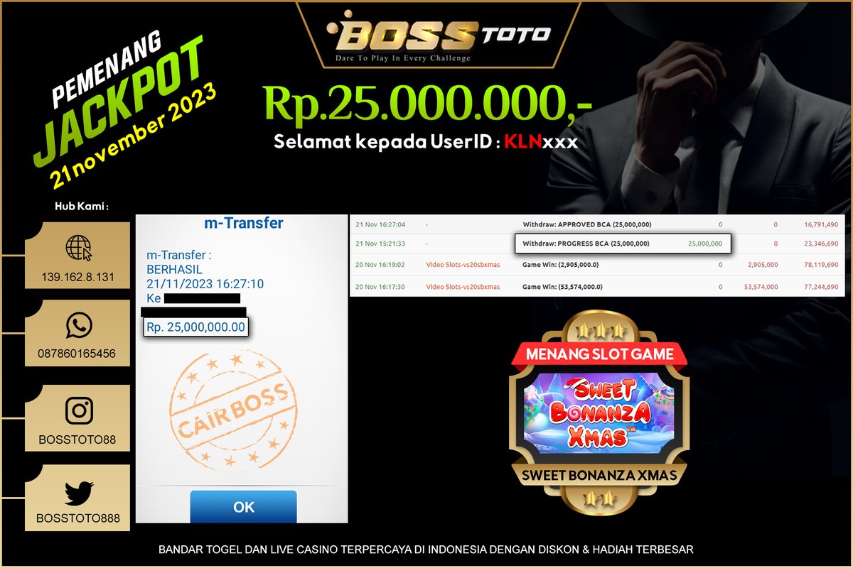 BossToto888's tweet photo. JACKPOT !!!    

Selamat Kepada Pemenang JACKPOT PAUS Permainan SWEET BONANZA XMAS pada hari ini 21 November 2023 sebesar 25 JUTA    

Ikuti Kami &amp; Dapatkan Kesempatan menjadi BOSS Selanjutnya! https://t.co/DIAU7Snf8A