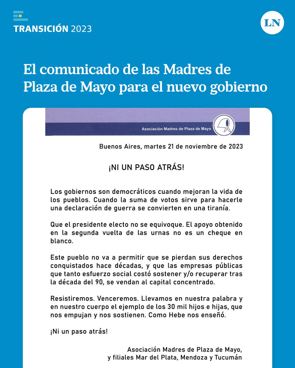 LANACION's tweet photo. 🔵 El comunicado de las Madres de Plaza de Mayo para el nuevo gobierno https://t.co/w0Y4QzlwIG