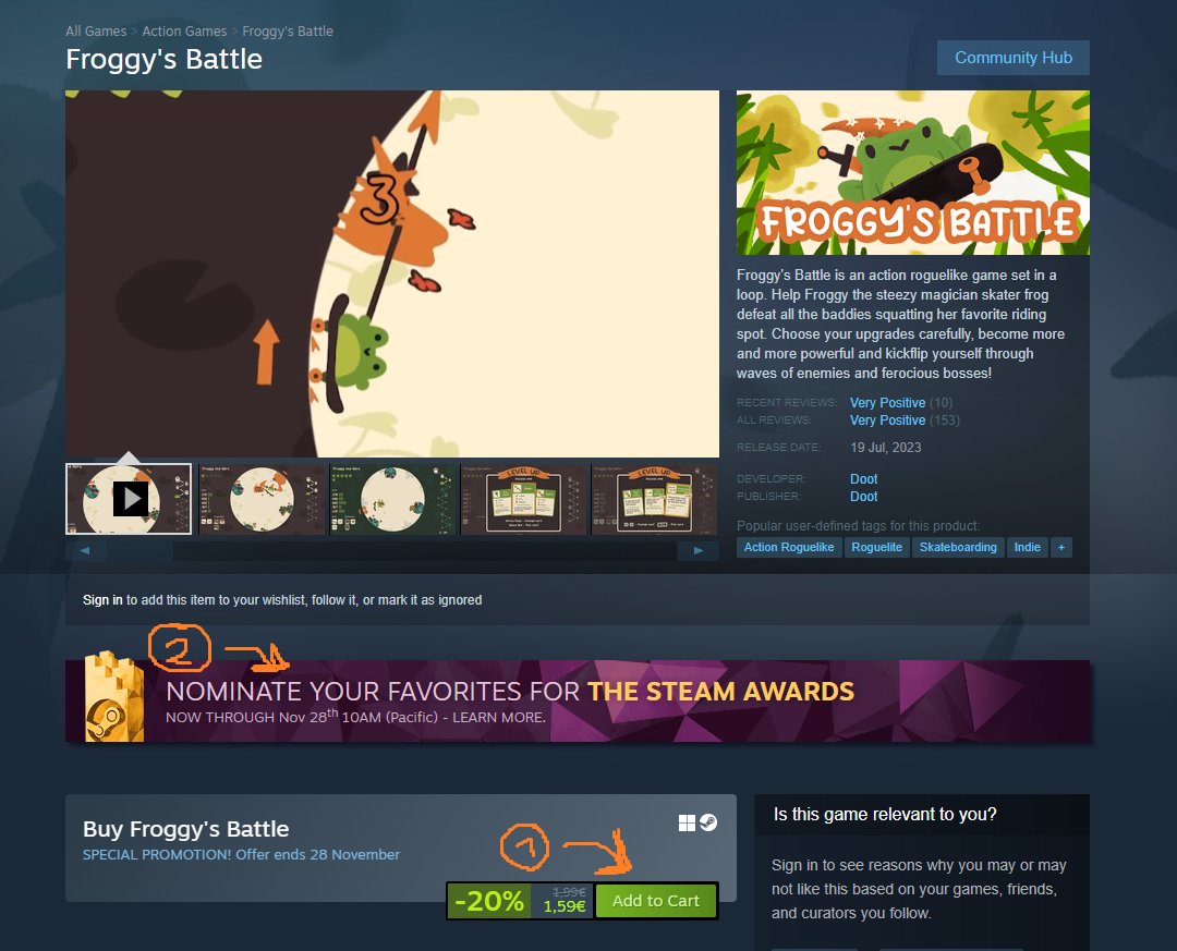 Here are 2 (two!) incredible things you can do with Froggy's Battle on #Steam right now 🗡️🐸🛹

1 - Get it at it's lowest price ever! Cheaper than almost everything! Woooweee #steamsale ✨
2 - Nominate it for #steamawards so it beats BG3 (already ahead of all other games) 🏆