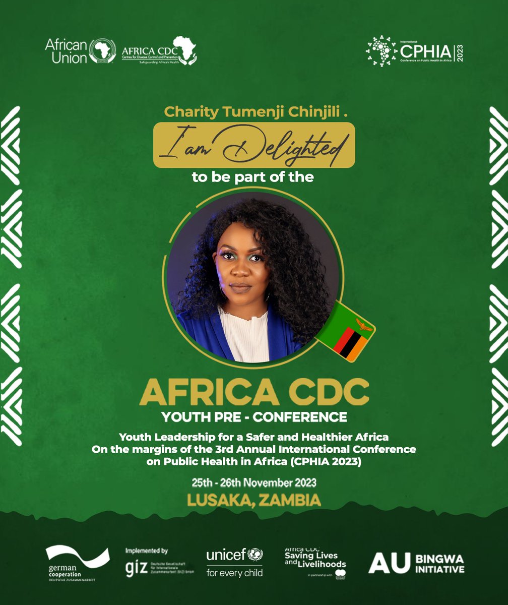 Hello,I am Charity Tumenji Chinjili from Zambia. I'm happy to be attending the @AfricaCDC Youth Pre-Conference - #YPC2023 happening in Lusaka, Zambia this November.

I hope to contribute to the advancement of Public Health in Africa. #YouthLeadershipInHealth