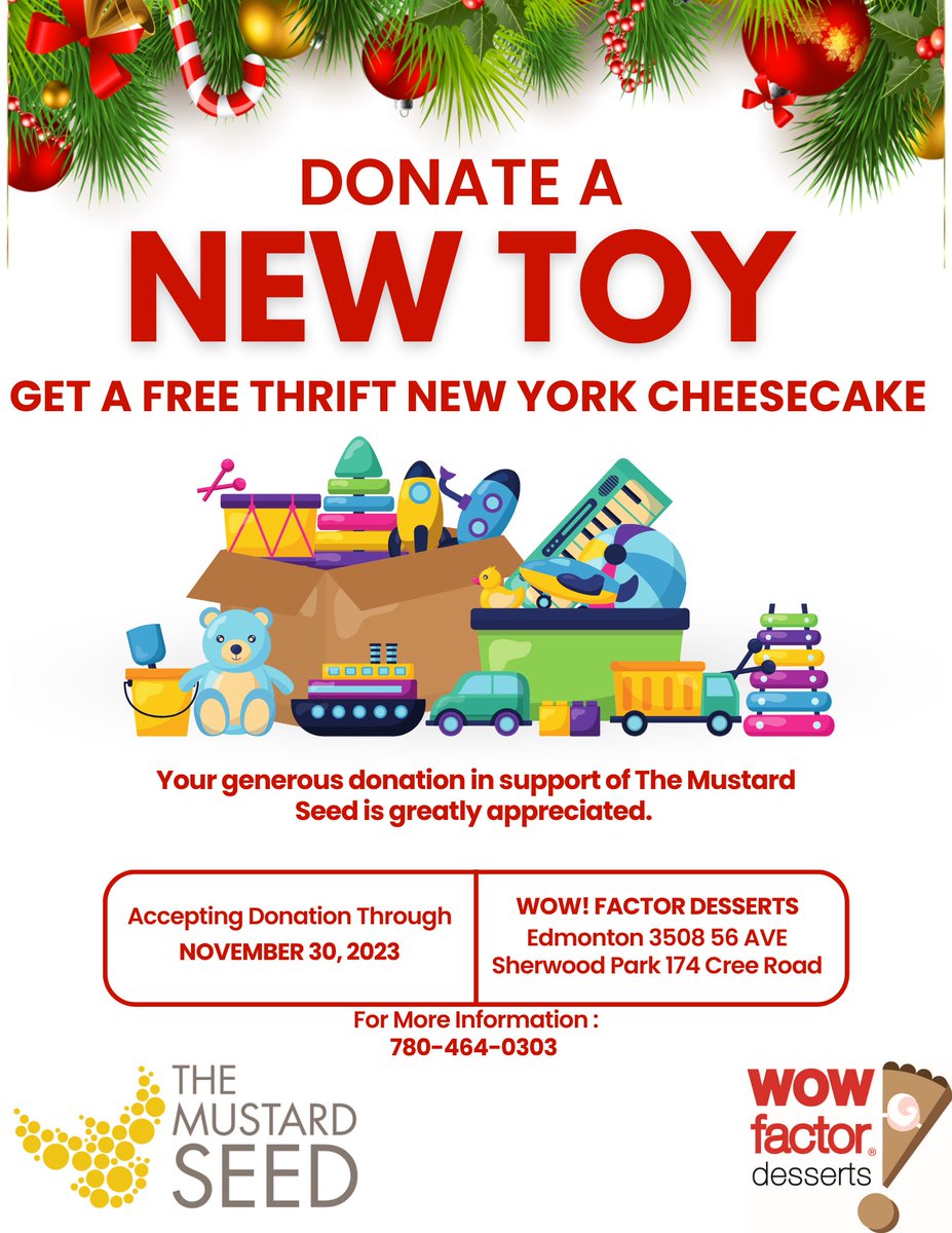 ✨ Repost!!✨

🎁Toy Drive for @mustardseedcan 🎁

Drop off new, unwrapped toys at our #sherwoodpark (174 Cree Road) or #yeg (3508-56 Ave) locations. In exchange for your toy donation, we will gift you a thrift New York Cheesecake or a $10 coupon.

🎄#HolidayGiving