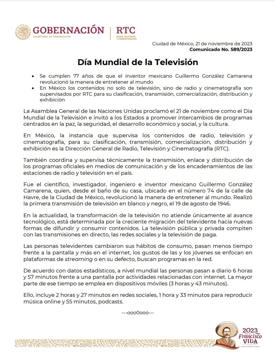 ⭕#GobernaciónInforma | Día Mundial de la Televisión.

Se cumplen 77 años de que el inventor mexicano Guillermo González Camarena revolucionó la manera de entretener al mundo.

En México los contenidos no solo de televisión, sino de radio y cinematografía son supervisados por