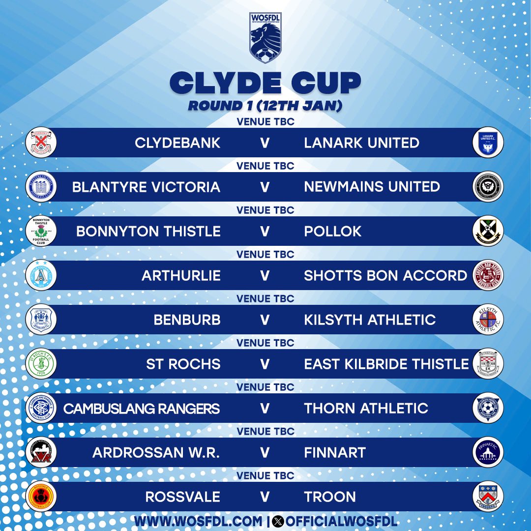 OfficialWoSFDL's tweet photo. 🆚 Here are all the ties and byes from tonight’s Round 1 draw of the WOSFDL Clyde Cup

Ties are set to be played on Friday 12th January https://t.co/IweURmPRck