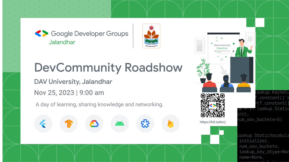 GDGJalandhar's tweet photo. 🌟💻 #GDGJalandhar presents the DevCommunity Roadshow! Connect with 300+ developers and learn from the best in #WebDev, #Angular, #Android, #CyberSec, & #AI. Don't miss out – limited seats available!
🎟️ Register now and level up your skills!
#DevCommunityRoadShow #DCRJalandhar https://t.co/qaCNeoy2JY