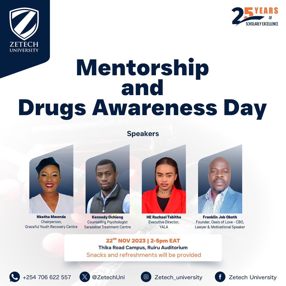 gracefulyouth's tweet photo. Education, Awareness and Prevention are Key to bring Change
Mentorship & Drug Awareness Day @ZetechUni Thika Road Campus Wed 22nd Nov 2023 #promoteprevention #preventioniskey #alcoholprevention
#alcoholanddrugsawareness #gracefulyouthrecoverycentre @HERachelTabitha @OasisLoveKe https://t.co/EQageo5Sv7