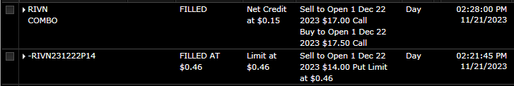 NoobTheta's tweet photo. ๐ก: $RIVN #Optionselling
- Employing a #jadelizard
- #cashsecuredput 231222P14 (0.23 Delta). Right below the current 1Y POC
- Added STO call vertical spread 17/17.5
- If it rallies, net profit will be $0.11, if it drops, will roll short put https://t.co/jdt6ppwXaJ