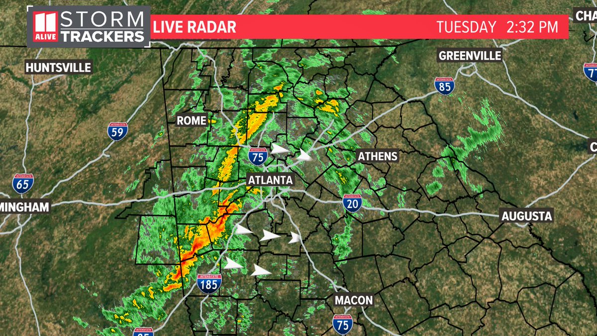 The line of showers and storms is getting a little better organized south of Atlanta with heavy rain and 40-50mph winds. Still monitoring it for additional wind gusts and any shear that could cause rotation. That risk is very low, though. Line is moving eastward. #Storm11