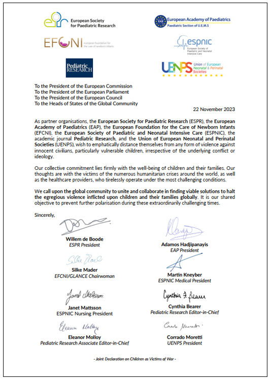 Our joint call @EAPaediatrics, @EFCNIwecare, @ESPNIC_Society, @Ped_Research, @UENPS_Congress on the global community to unite & collaborate in finding viable solutions to halt the egregious violence inflicted upon children & their families globally: espr.eu/news/news-deta…