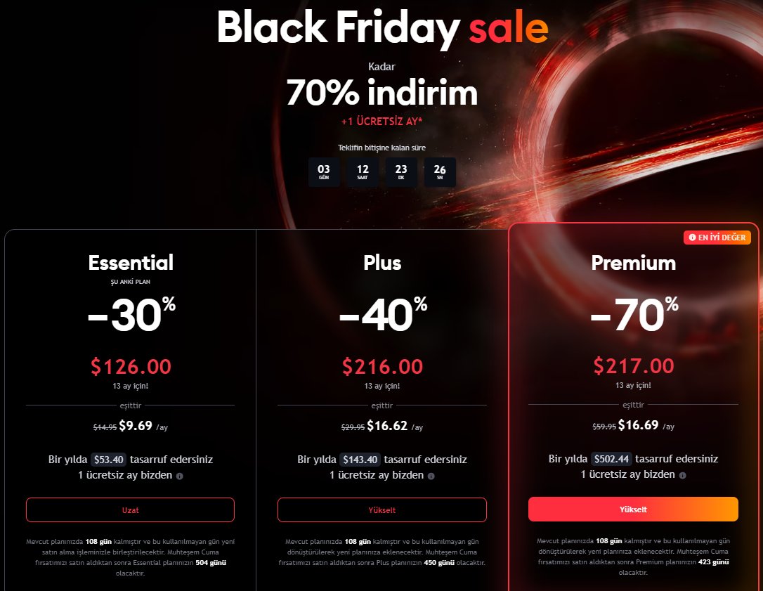 Analiz yaparken TradingView'in üyelere özel sunduğu seçenekleri sıkça kullanıyorum ve bu teknik konularda kendimi geliştirmeme büyük katkı sağlıyor.

🥳 Bu vesileyle TradingView, Black Friday indirimini kutlamak için bir kişiye 1 yıllık Premium abonelik hediye ediyor.

🎁