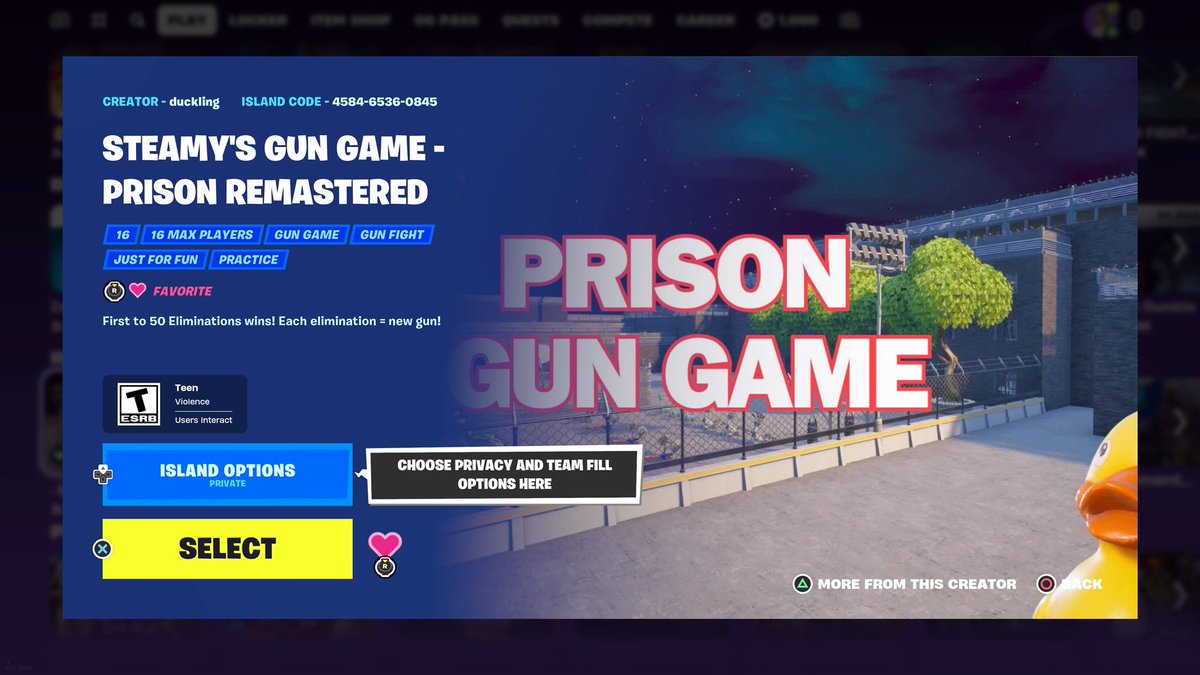 SteamyDuck's tweet photo. Prison Gun Game V2 out now!!
New features:
- Changes to map
- Fixed bugs
- Fixed broken walls
- Changed Rating
If you want to support me use code โducklingโ in the item shop!! ๐ฆ
#ad #Fortnite #FortniteCreative #FortniteOG #FortniteGungame https://t.co/tkxi1BeElR