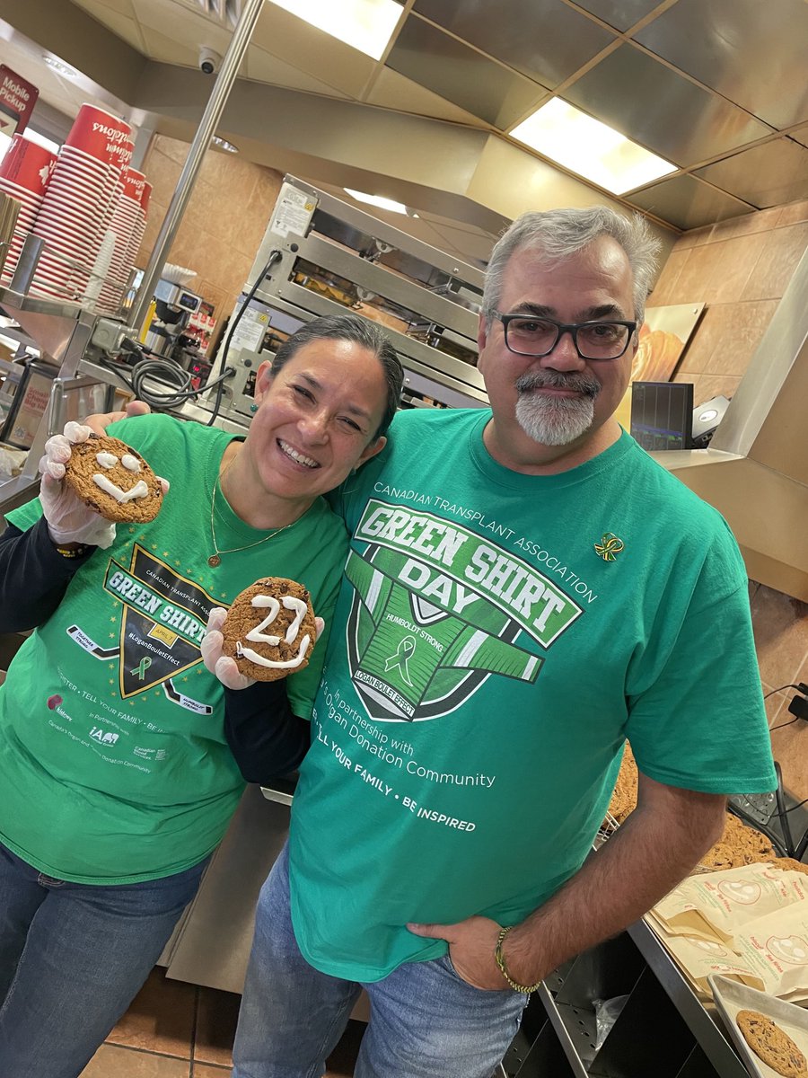 TobyBoulet's tweet photo. Thank you Lethbridge ⁦@TimHortons⁩ owners for inviting us to be the local charity for #HolidaySmileCookie week! The staff at all 14 Tims plus the 120 volunteers were incredible! The benefactor is organ donor awareness &amp; the kids that attend your camps! ⁦#GreenShirtDay https://t.co/XKUQ6mrdKj