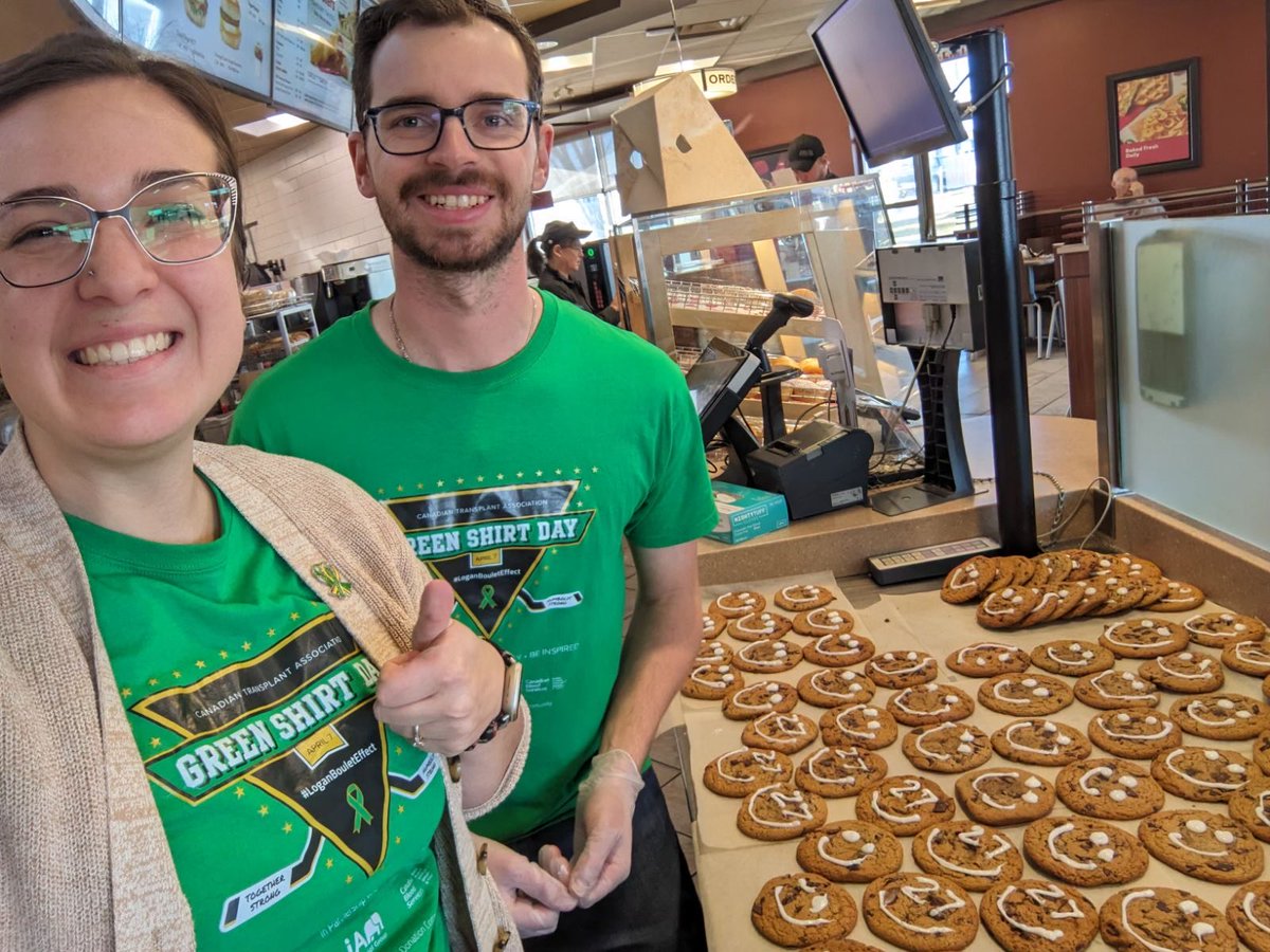 TobyBoulet's tweet photo. Thank you Lethbridge ⁦@TimHortons⁩ owners for inviting us to be the local charity for #HolidaySmileCookie week! The staff at all 14 Tims plus the 120 volunteers were incredible! The benefactor is organ donor awareness &amp; the kids that attend your camps! ⁦#GreenShirtDay https://t.co/XKUQ6mrdKj