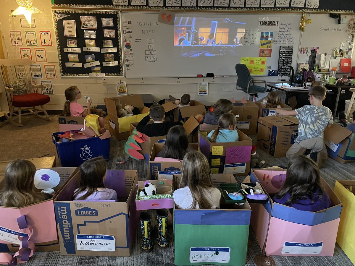 Drive-in movie day for our third graders! 🎥 
(Aka putting all the moving boxes from this summer to good use!) <a href="/MrsLangelandWO/">Mrs. Langeland - Waukazoo School</a> <a href="/WaukazooWO/">Waukazoo Elementary</a>