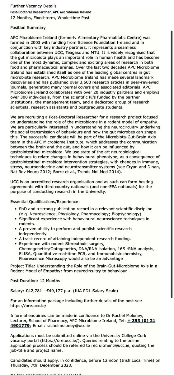 📣@jfcryan & I are hiring a #postdoc!If you are interested in #animalmodels of #empathy, #social transmission of #behaviour, #neurocircuitry, #microbiome #stress, pls reach out: rachelmoloney@ucc.ie Come join us in Cork! my.corehr.com/pls/uccrecruit… Job ID: 072552 Deadline Dec 7th.