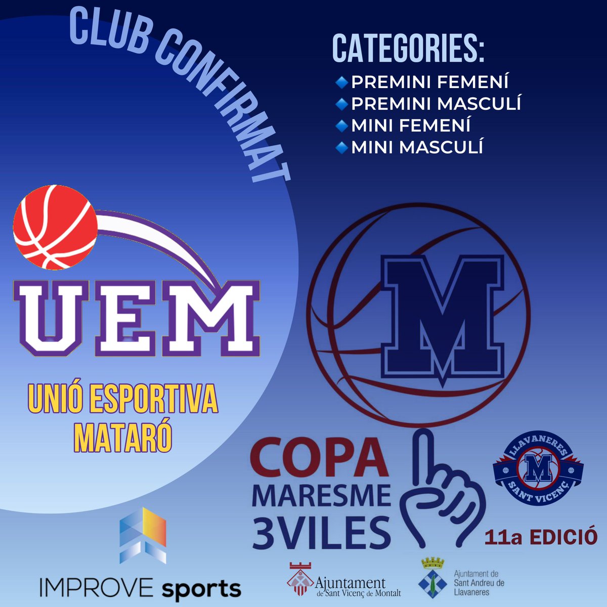 UNIÓ ESPORTIVA MATARÓ

La <a href="/uemataro/">U.E. Mataró</a> participarà en les dues categories mini i premini tant femení com masculí. 

Estem segurs que gaudirem plegats del bàsquet i de bons moments amb vosaltres!

#CopaM3V #Llavaneres #SantVicençdeMontalt