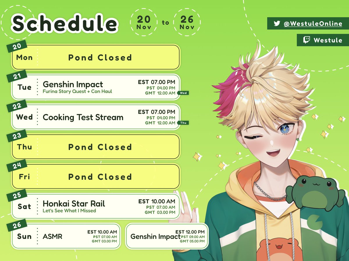 🐸[New Schedule] 🐸
Wow, all I post are schedules. I need new ideas LMAO Mostly back to normal, with some fun cooking for the holidays