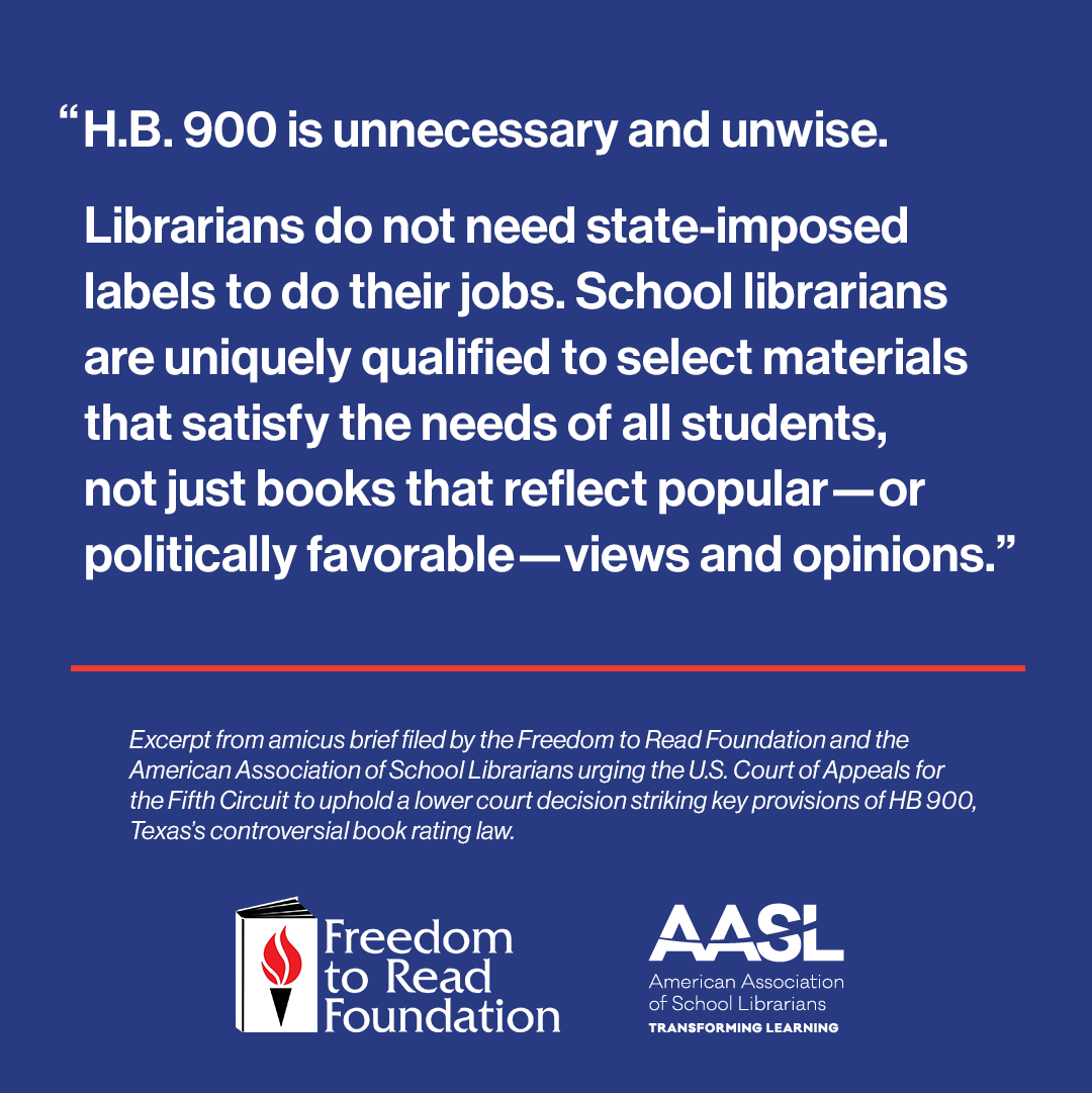 @FTRF and @aasl filed an amicus brief urging the U.S. Court of Appeals for the Fifth Circuit to uphold a lower court decision that struck key provisions of HB 900, Texas’s controversial book rating law. bit.ly/49NCbU5