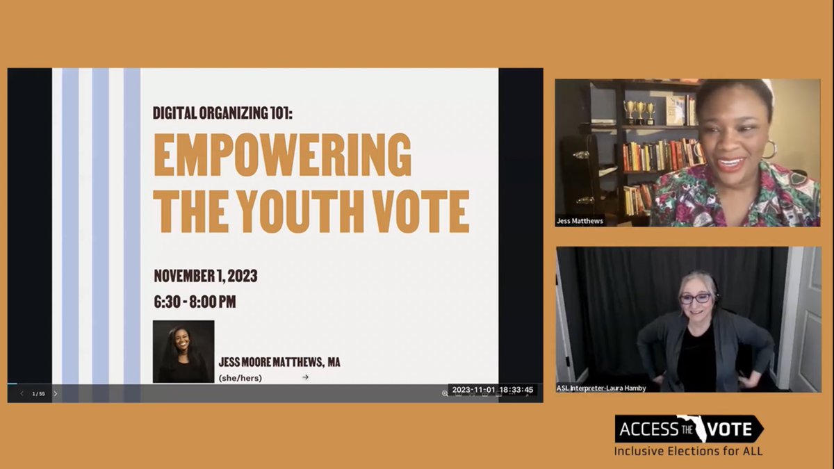 You can view the recording of our webinar 'Empowering the Disabled Youth Vote: Digital Organizing 101' presented by @jessmmatthews on YouTube in ASL and English, with English and Spanish captions 🎥

youtube.com/watch?v=Ybj0jF…

#CripTheVote #DisabilityVote