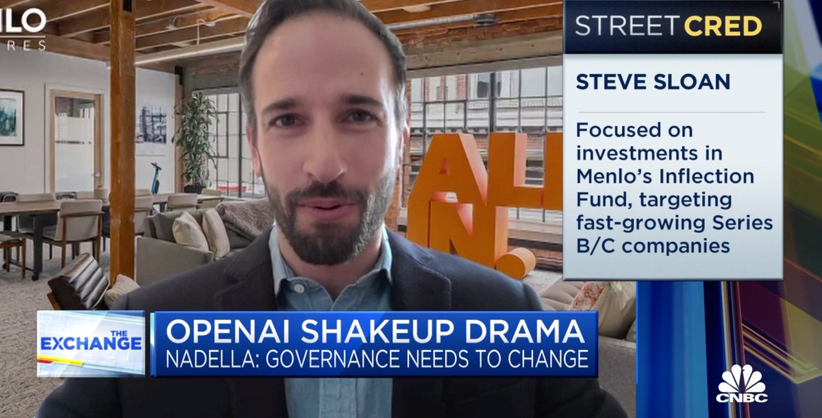 Menlo Ventures (@menloventures) on Twitter photo Menlo’s <a href="/Bad2theSloane/">Steve Sloane</a> joined <a href="/CNBC/">CNBC</a>'s Steve Kovach and <a href="/KellyCNBC/">Kelly Evans</a> on 'The Exchange' to dive into the latest tech news dominated, of course, by the dramatic events at OpenAI and questions about whether Sam Altman will stay at Microsoft.
Watch: mnlo.vc/SteveSloane_CN… (at 2:28) Menlo’s <a href="/Bad2theSloane/">Steve Sloane</a> joined <a href="/CNBC/">CNBC</a>'s Steve Kovach and <a href="/KellyCNBC/">Kelly Evans</a> on 'The Exchange' to dive into the latest tech news dominated, of course, by the dramatic events at OpenAI and questions about whether Sam Altman will stay at Microsoft.
Watch: mnlo.vc/SteveSloane_CN… (at 2:28)