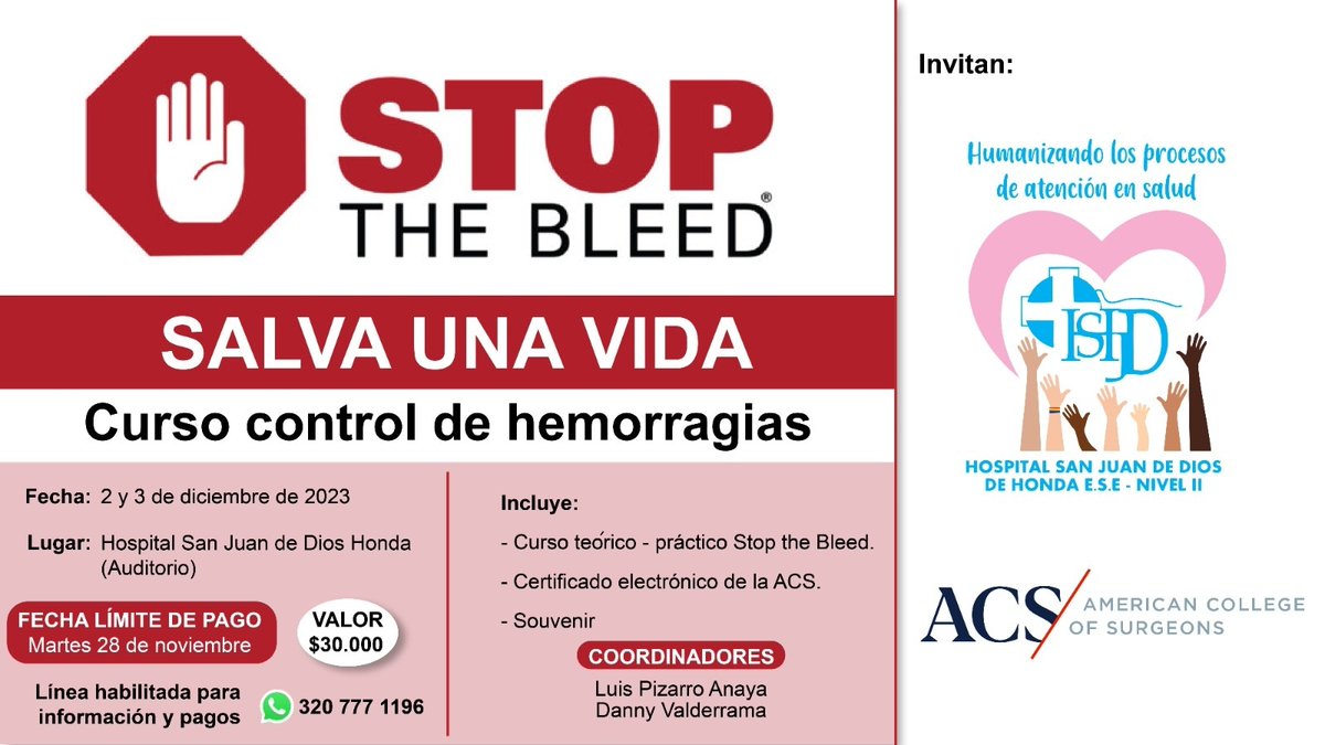 ¨Stop the bleed, save a life". (Paren el sangrado, salva una vida) Taller teórico - práctico, dirigido a los profesionales de la salud a saber: Médicos y jefes de enfermería que trabajan en la áreas de Urgencias, Cirugía, Traumatología y UCI. 🩹
#sangrado
#HondaTolima
#urgencias