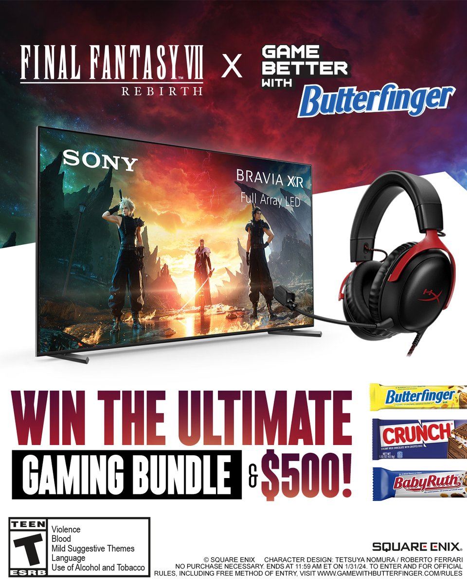 US Residents: @Butterfinger and Final Fantasy VII Rebirth are teaming up to bring you the Ultimate Gaming Bundle! Grab a Butterfinger and enter for a chance to win incredible prizes at GameWithButterfinger.com #GameBetterWithButterfinger #FF7R