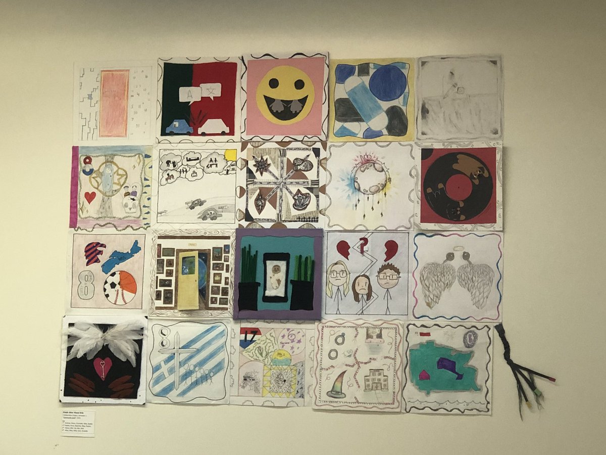 SPCSSFalcons's tweet photo. In our grade 9 visual arts class students looked at significant events in their lives that impacted their identity.  They developed symbols that represent those moments and wove those into a larger collaborative design #communityquilt https://t.co/fAfsAeSA69