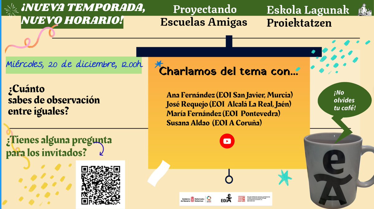 en_escuelas's tweet photo. ¡Ya tenemos tema e invitados para nuestro próximo webinar:@MeryFer23 @SusanaEOI @nodoycnelnombre #JoséRequejo!

✅ Tema: #ObservaciónentrePares
📅 Miércoles 20 de diciembre a las 12.00h 
✅Formulario para escribir vuestras ⁉️ a los invitados: https://t.co/GQDNGZlAI8

#EoiGlobal🌐 https://t.co/Qi1Zo3MWIo