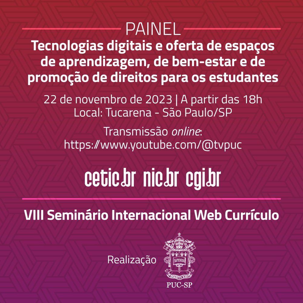 Amanhã (22), a partir das 18h, como parte do VIII Seminário Internacional Web Currículo, a diretora do InternetLab, <a href="/fernanda_martss/">Fernanda K. Martins</a>, irá participar do painel "Tecnologias digitais e ofertas de espaço de aprendizagem, de bem-estar e de promoção de direitos para estudantes". 1/3