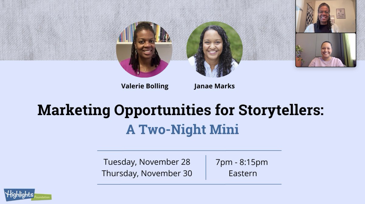 Join @JanaeMarksBooks and me for a @HighlightsFound VIRTUAL workshop next week. The two-night course is $59. Even if you're unable to attend live, you'll have access to the recordings. Our interview: highlightsfoundation.org/2023/11/03/get… Register here: highlightsfoundation.org/workshop/marke… SHARE WIDELY!