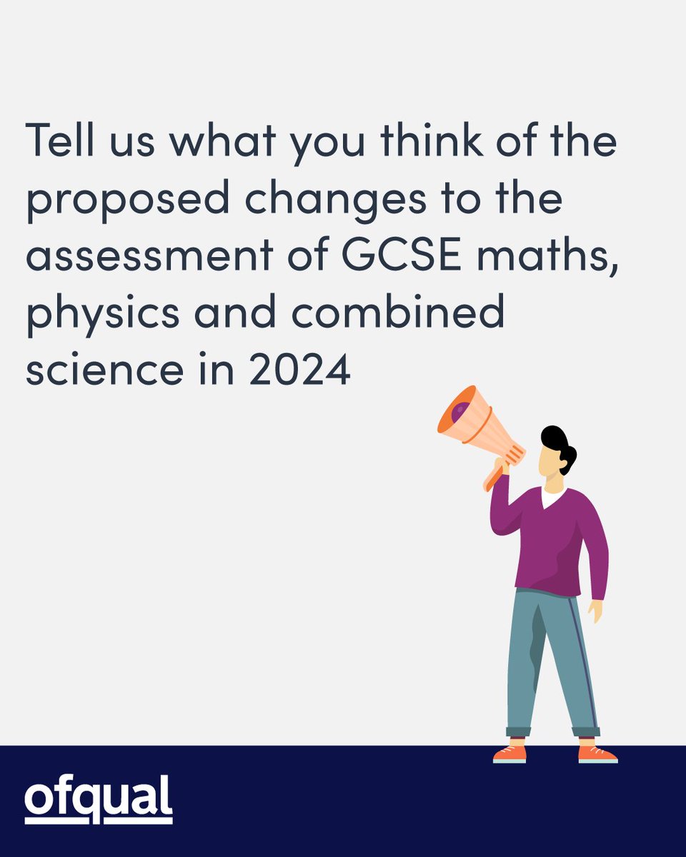 Teachers, exams officers, schools, and colleges - Tell us what you think of the proposed changes to the assessment of GCSE maths, physics and combined science in 2024. Respond to Ofqual’s consultation: ⬇️ gov.uk/government/con… @educationgovuk @JCQcic #Exams2024